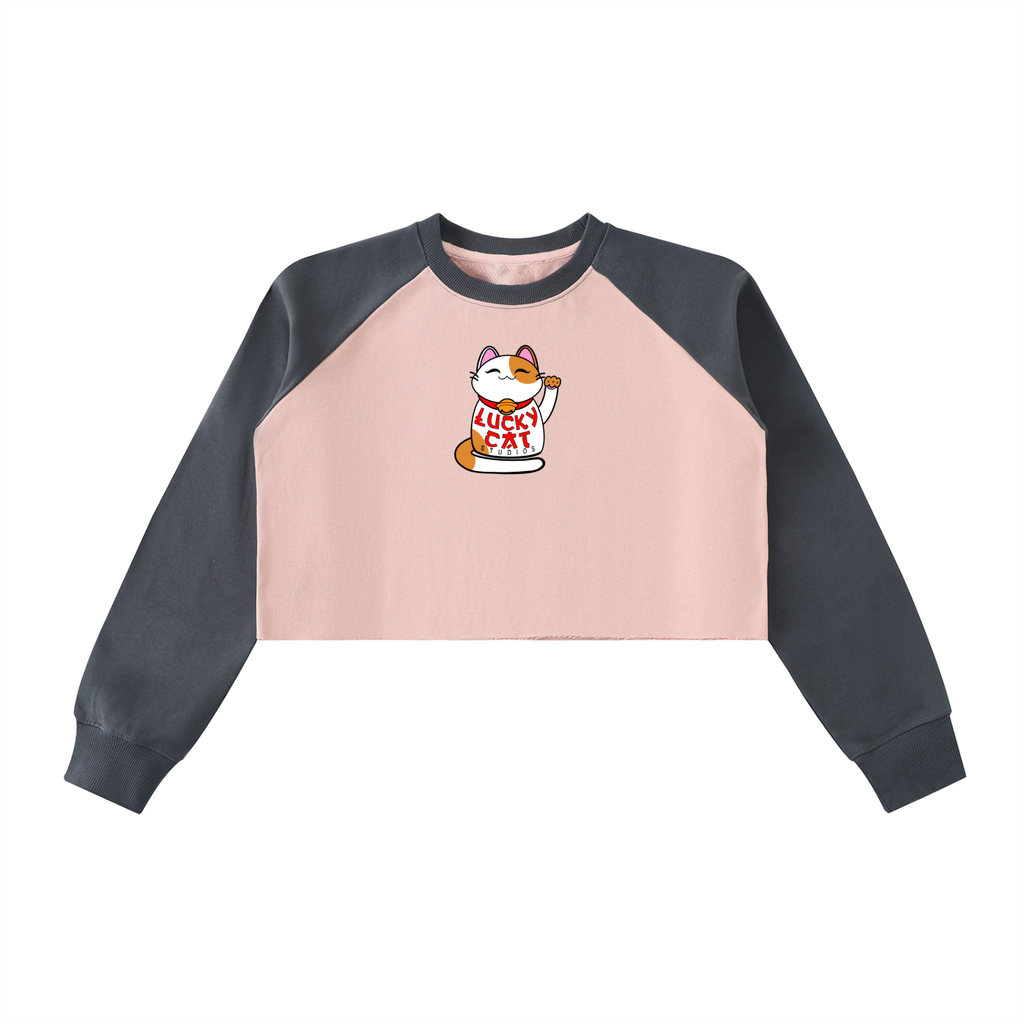 Lucky Cat Studios Raw-Hem Raglan Crop Sweatshirt