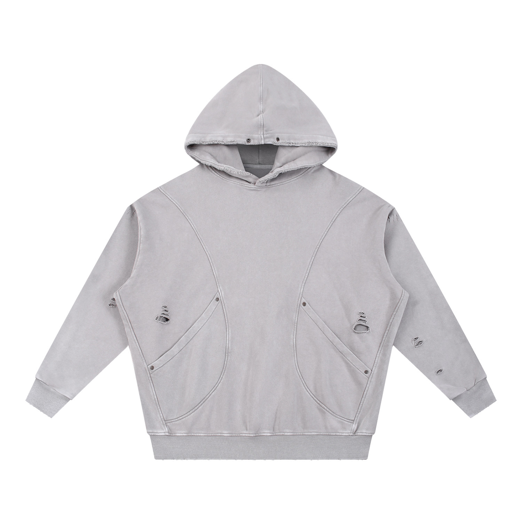 Snow Washed Distressed Panel Pocket Hoodie