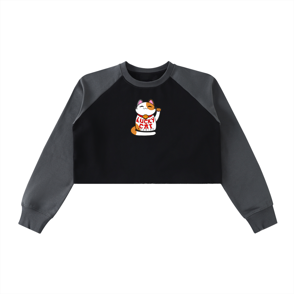 Lucky Cat Studios Raw-Hem Raglan Crop Sweatshirt