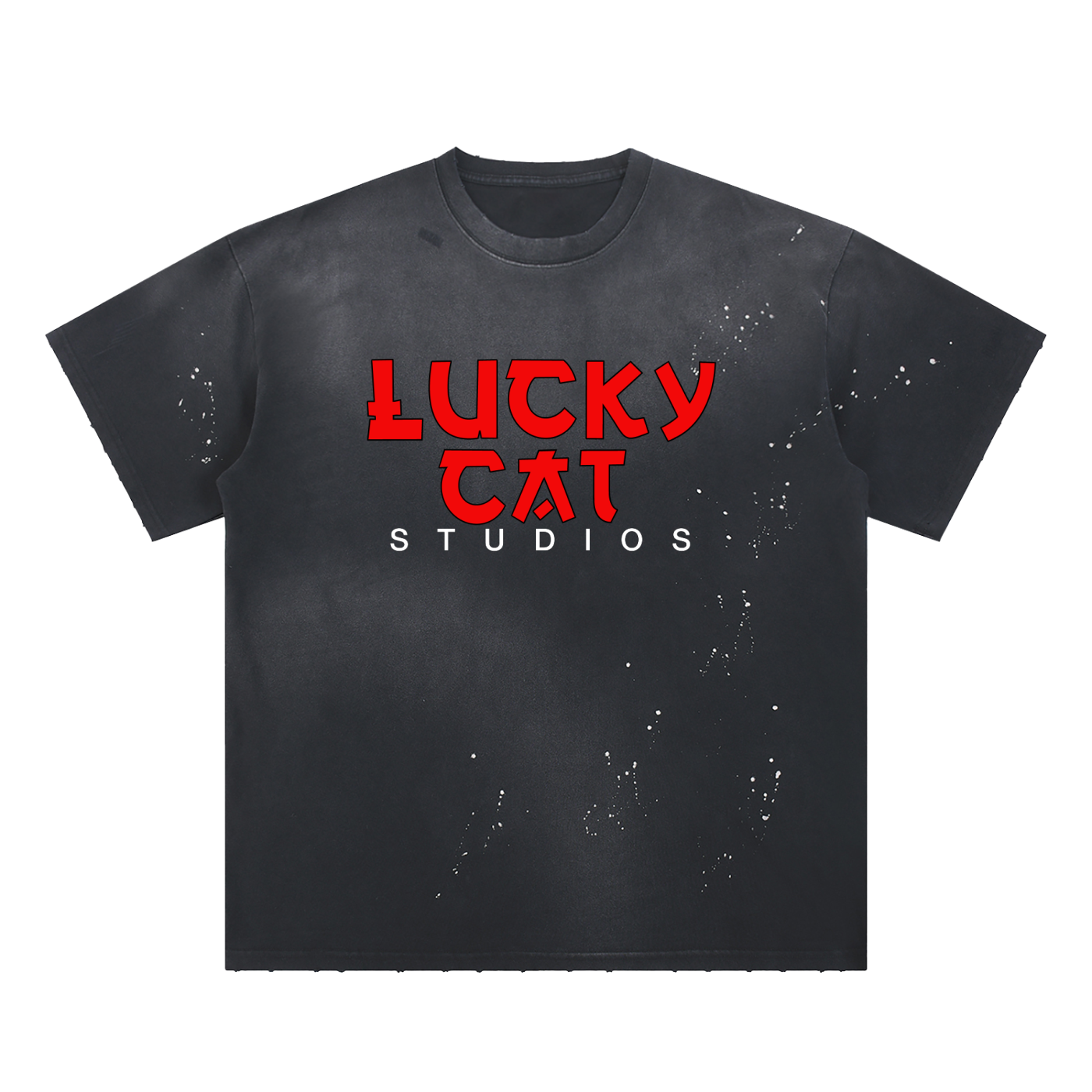 Lucky Cat Hand-Frayed Sunfade Paint Splatter T-Shirt